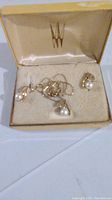 Photo showing the box containing the fine gold chain necklace with a pearl pendant, and matching pearl earrings.
