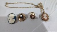 Photo showing four pieces of vintage cameo jewelry: blue cameo brooch, black cameo brooch with ornate frame, reddish cameo ring, and matching reddish cameo pendant on chain.