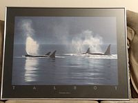Framed print artwork showing orca whales in the water with visible dorsal fins and spouting vapor, under glass with metal frame.