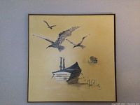Full view of the square canvas art showing a boat in the water with seagulls flying above. The artwork has a yellow-beige background and a thin dark frame.