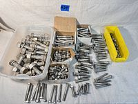 Overview photo showing multiple bins and boxes filled with large stainless steel hex bolts and nuts in various sizes arranged on a surface.
