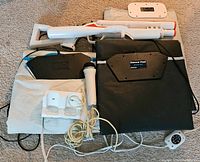 Overview showing two DreamGEAR Dance Pads, two white Wii gun controllers, white Wii microphone, charger, and cables on carpet surface