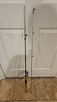 Full view of Shakespeare Cirrus fishing rod and reel combo standing vertically.