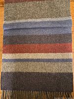 Full length of the scarf showing multi color stripes and fringed end.