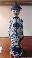 Front view of the porcelain Chinese figurine showing facial features, hat, and garment details with blue floral and character decorations.