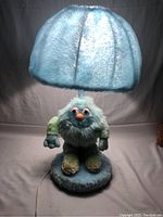 Full view of 1982 Planet Animals vintage plush lamp with blue furry dome shade and plush character base.