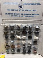 Fold-out cardboard display showing 33 numbered mineral chip specimens, secured in plastic pockets on a gridded chart. The text reads Geological Survey of Canada, Department of Energy, Mines and Resources, Prospector's Set of Mineral Chips in English and French.