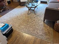 Full view of the large area rug on hardwood floor in a living room setting, showing its overall colors and pattern.