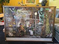 Full frontal photo of the framed art poster showing the detailed urban night scene with figures and statue, including visible text reading 'Lila Acheson Wallace Wing The Metropolitan Museum of Art' at the bottom.