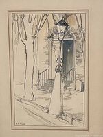 Close-up of the watercolor showing the street lantern, tree, and building entrance in detail.