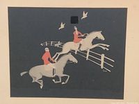 Close-up of horse jumping watercolor gouache painting with dark background, signed in lower right corner