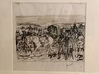 Close view of ink drawing showing scene of mounted soldier, infantrymen and cart