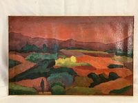 Front view of framed oil painting showing the abstract landscape with orange sky and green fields.