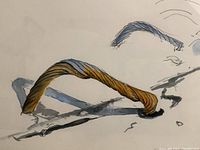 Close-up detail of the watercolor artwork showing the spiral twisted form with watercolor brushwork in blue, brown, and gray tones.