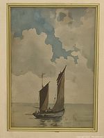Close-up of watercolor painting showing fishing boat and sky.