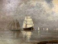 Close-up of painting showing a large white-sailed ship and schooner on calm water under cloudy sky