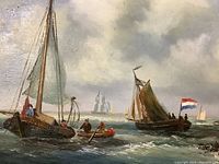 Close-up of boats and water in painting