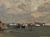 Close-up of the harbor scene showing boats, water, and cloudy sky rendered in oil paint on board.