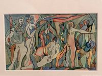 Close-up of watercolor and ink artwork depicting abstract figures in a procession in muted color palette