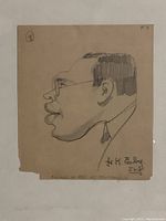 Close-up of pencil sketch portrait on brown paper showing side profile caricature of Kerr Eby with signature and inscription visible.