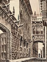 Close-up of the upper street and building details showing fine ink and watercolor work.