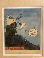 Frontal view of framed artwork showing windmill and moon composition.