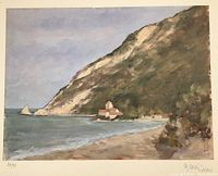 Colored etching showing a landscape of sea, mountain, and buildings with signature and numbering visible.