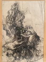 Close-up view of framed pen and ink drawing depicting the Deposition of Christ