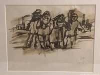 Close-up of Stephan Hirsch ink and wash drawing depicting workers, showing signature and date.