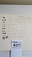 Full page with ten pairs of stud earrings arranged in rows on seller’s chart