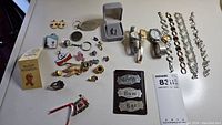 Full lot overview showing watches, pins, bracelets, and a boxed pin.