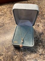 14K gold chain necklace with pendant featuring two pearls and small gold charm inside a jewelry box.