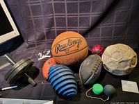 Wide view of sports balls including a Rawlings basketball, a football, a well-used soccer ball, assorted small balls, ab wheel, and figurines on a dark surface.