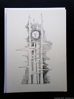 Front of one vintage Christmas card showing abstract winter scene line drawing by Dora de Pedery-Hunt.