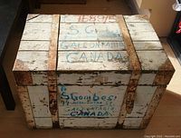 Front and top view of the white painted wooden travel trunk with rusty metal straps and blue and red address inscriptions indicating Canadian immigration artifact.