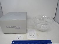 Waterford Marquis crystal bowl shown with original box and pamphlet, placed next to ruler for scale.