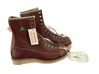 Side view of brown leather Gorilla steel toe safety boots showing tags and laces.