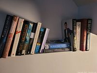 Photo showing 12 assorted books including fiction and non-fiction titles arranged on a shelf.