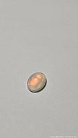 Clear detailed close-up of oval cabochon Ethiopian Opal against a neutral background showing internal play of colors orange and red.