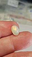 Close-up image of the oval cut untreated Ethiopian opal gemstone showing intense flash and color play held between fingers.
