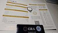Ring atop GRA grading report showing certificate details