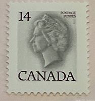 Front view of the 14 cent black Queen error Canada stamp