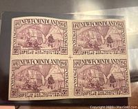 Block of four imperforate proof stamps from Newfoundland, Canada, dated 1947, showing the front of the stamps with detailed illustration of John Cabot in the ship Matthew.