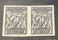 Front view of two identical Newfoundland 1 Cent Codfish stamps paired horizontally showing intricate black and white engraved design.