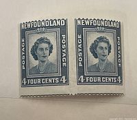 Pair of 4 cent Newfoundland stamps #269 with partial horizontal perforation, rare variation from Waterlow and Sons print, blue-grey color, Queen Elizabeth II portrait.