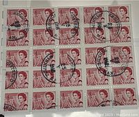 Front view of one complete sheet of used 4 cent Canadian stamps with Queen Elizabeth II and symbolic imagery, showing cancellations and perforation intact.