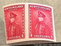 Front view of pair of imperforate Newfoundland 4 cents postage stamps.