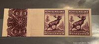 Pair of imperforate 5 cent Newfoundland postage stamps with intact lathe work margin on left side in purple-brown ink, showing caribou image and denomination