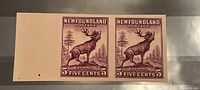 Two imperforate proof pairs of $5 Caribou Newfoundland stamps on proof card stock.
