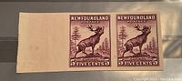 Photo of two imperforate proof stamps with caribou image and 5 cent denomination, showing normal orientation and color